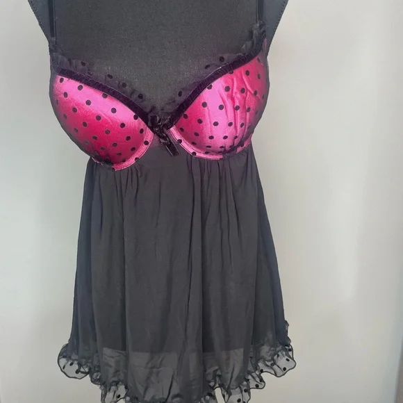 Pink and Black Polka Dot Babydoll Lingerie - Picture 1 of 3